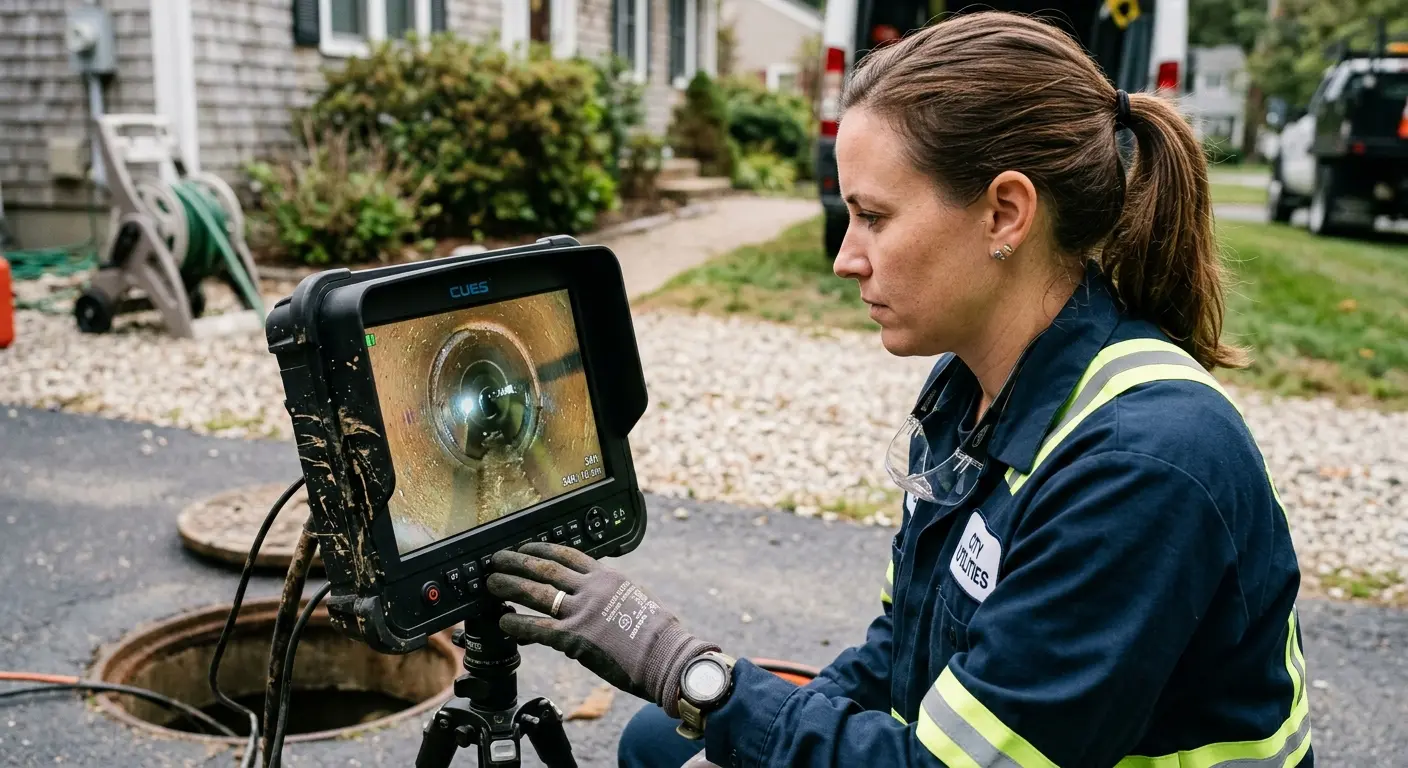 Technician reviewing sewer camera inspection footage in Chillicothe