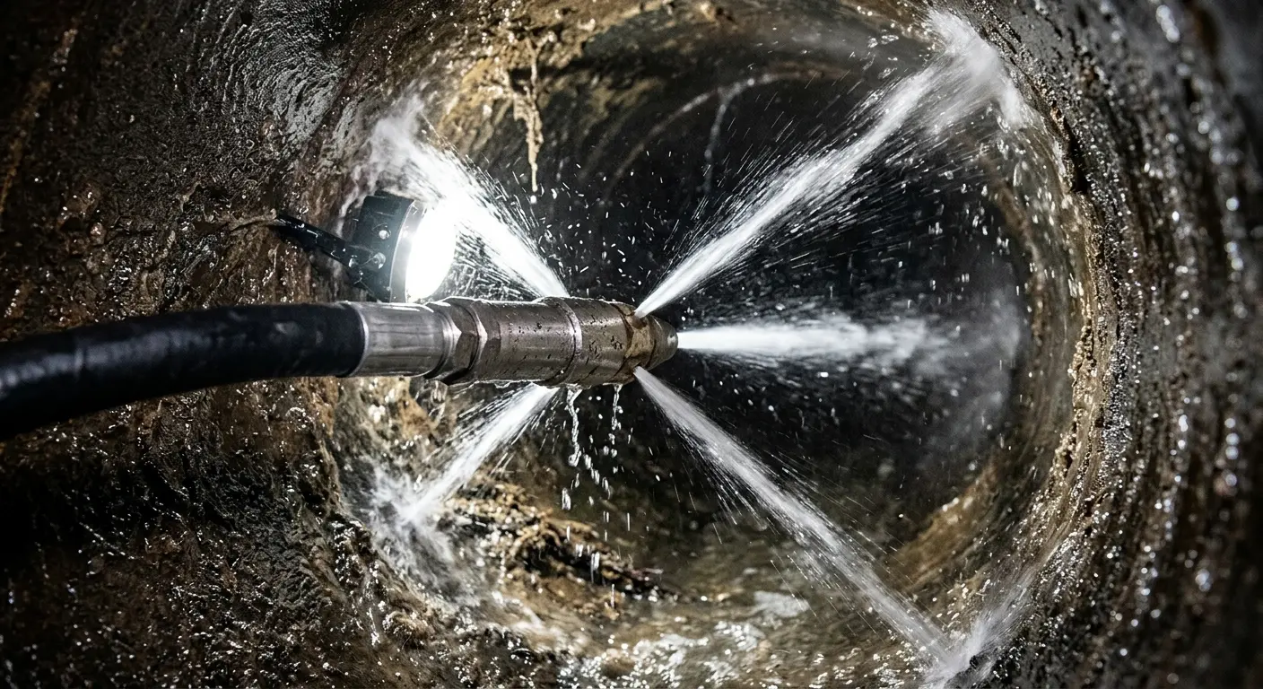 High-pressure hydro jetting nozzle cleaning sewer pipe for Emergency Drain Service in Chillicothe